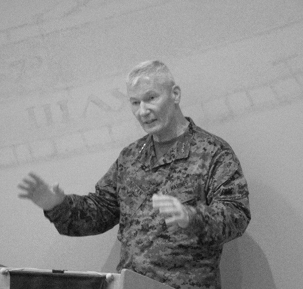 Lt. Gen. John Toolan, USMC, commanding general, I Marine Expeditionary Force, speaks to the December luncheon crowd.